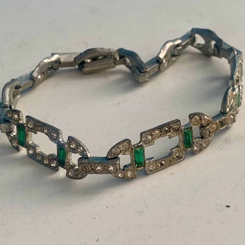 Vintage Antique Art Deco Emerald Green Paste Glass Clear Rhinestone Bracelet